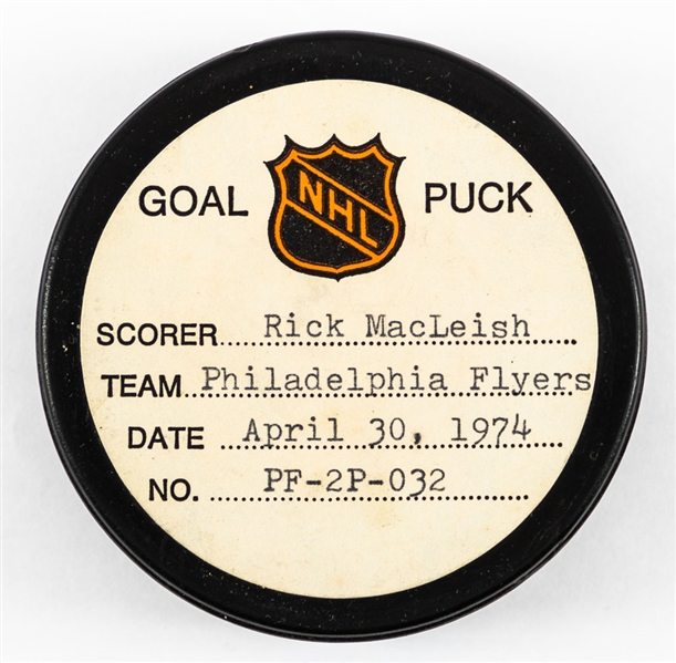 Rick MacLeish’s Philadelphia Flyers April 30th 1974 Playoff Goal Puck from the NHL Goal Puck Program - Season POG #9 of 13 / Career POG #13 of 54 - Game-Winning Goal 
