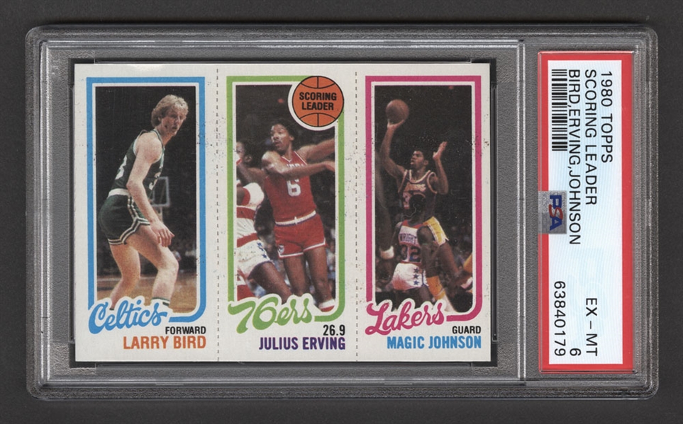 1980-81 Topps Basketball Card #34 HOFer Larry Bird Rookie / HOFer #174 Julius Erving / #139 HOFer Magic Johnson Rookie - Graded PSA 6