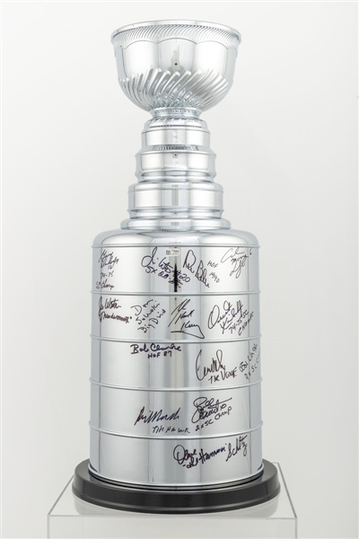 Huge Stanley Cup Replica Signed by 14 Members of the Philadelphia Flyers 1974 and 1975 Stanley Cup Championships including Bobby Clarke, Bernie Parent, Rick MacLeish and Dave Schultz (25") – Fanatics