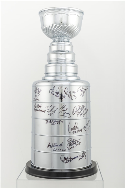 Huge Stanley Cup Replica Signed by 14 Members of the Philadelphia Flyers 1974 and 1975 Stanley Cup Championships including Bobby Clarke, Bernie Parent, Rick MacLeish and Dave Schultz (25") – Fanatics