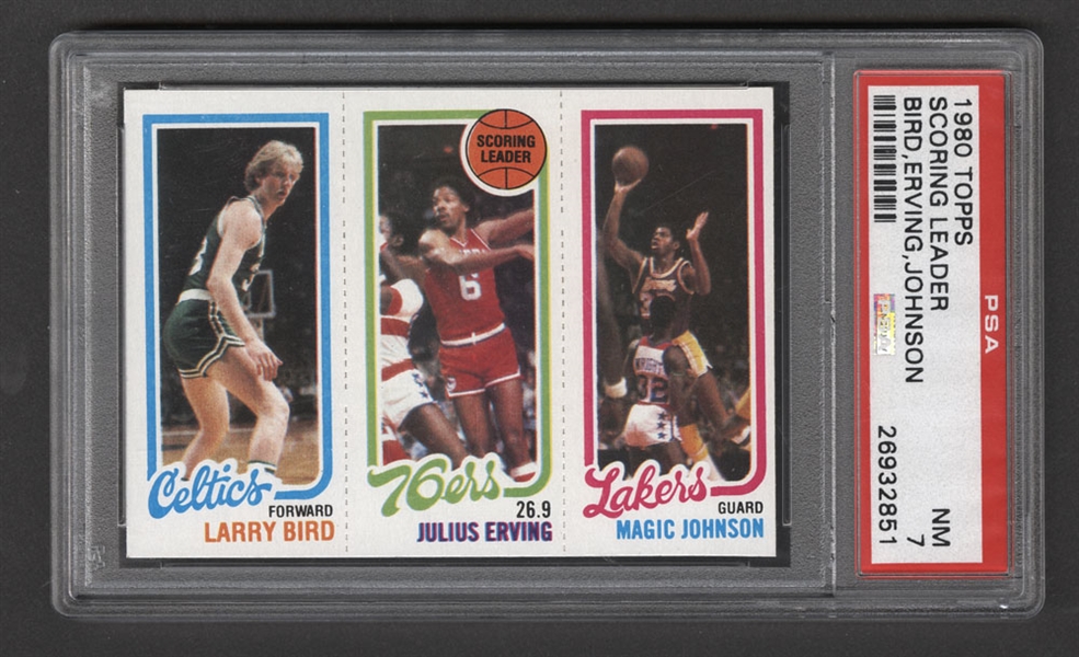 1980-81 Topps Basketball Card #34 HOFer Larry Bird Rookie / HOFer #174 Julius Erving / #139 HOFer Magic Johnson Rookie - Graded PSA 7 