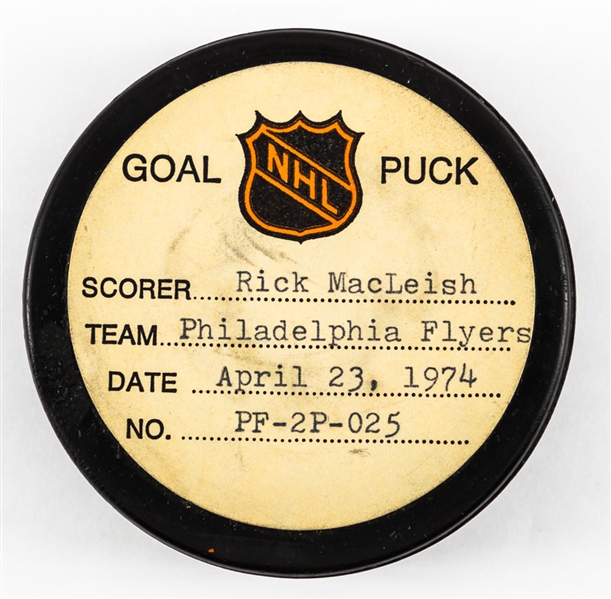 Rick MacLeish’s Philadelphia Flyers April 23rd 1974 Playoff Goal Puck from the NHL Goal Puck Program – Season Playoff Goal #7 of 13 / Career Playoff Goal #11 of 54  