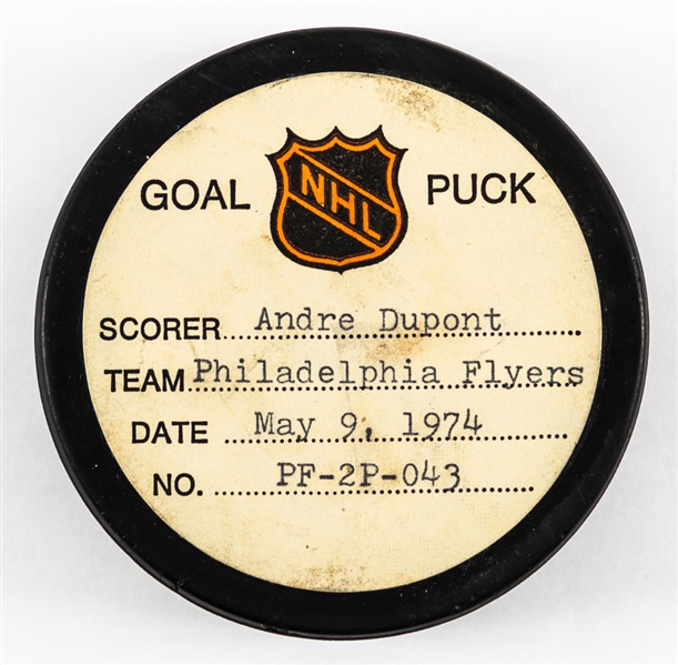 Andre Dupont’s Philadelphia Flyers May 9th 1974 Stanley Cup Finals Goal Puck from the NHL Goal Puck Program - Season PO Goal #3 of 4 / Career PO Goal #5 of 14 