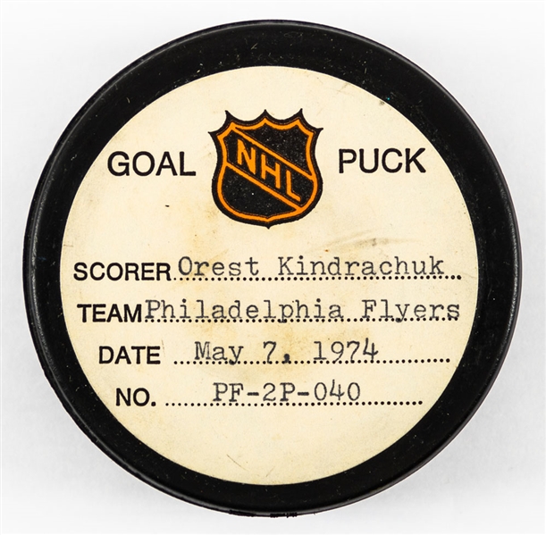 Orest Kindrachuk’s Philadelphia Flyers May 7th 1974 Stanley Cup Finals Goal Puck from the NHL Goal Puck Program - Season PO Goal #4 of 5 / Career PO Goal #4 of 20 