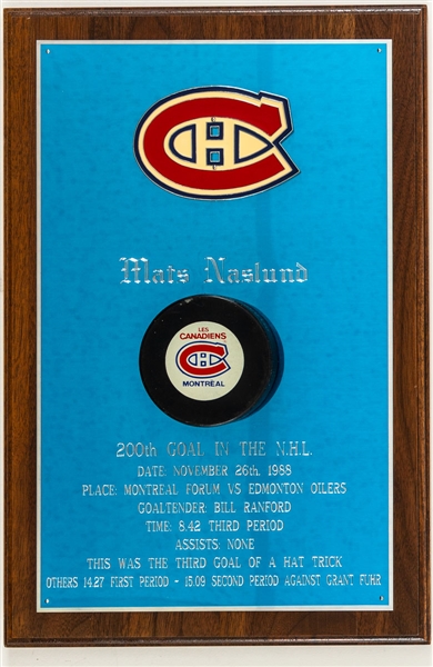 Mats Naslunds November 26th 1988 Montreal Canadiens Signed "200th NHL Career Goal" Goal Puck Plaque - 3rd Goal of a Hat Trick