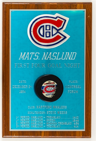 Mats Naslunds December 3rd 1984 Montreal Canadiens Signed "First Four Goal Night" Goal Puck Plaque - The Only Four Goal Game in His Career