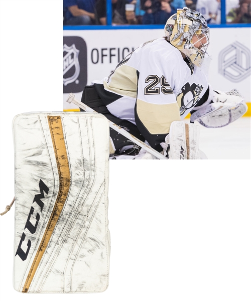 Marc-Andre Fleury’s 2015-16 Pittsburgh Penguins Stanley Cup Champions Signed CCM Premier Game-Used Playoffs Blocker with Family LOA – Photo-Matched! 
