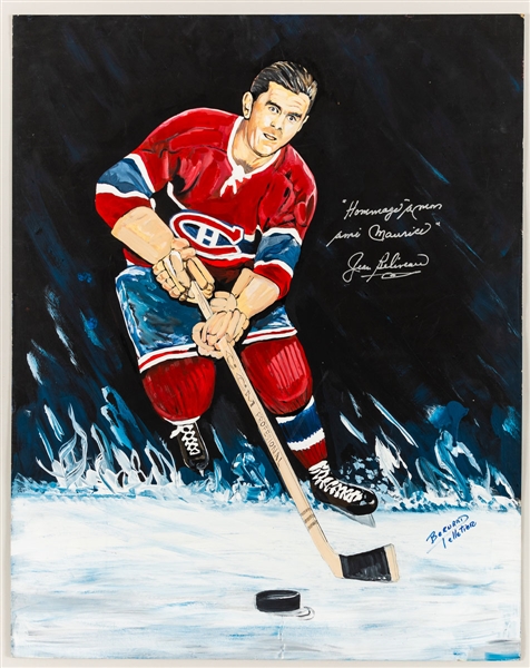 Maurice Richard Montreal Canadiens Original Painting by Bernard Pelletier Signed by Jean Beliveau with Annotation "Hommages a mon ami Maurice" (22" x 28")