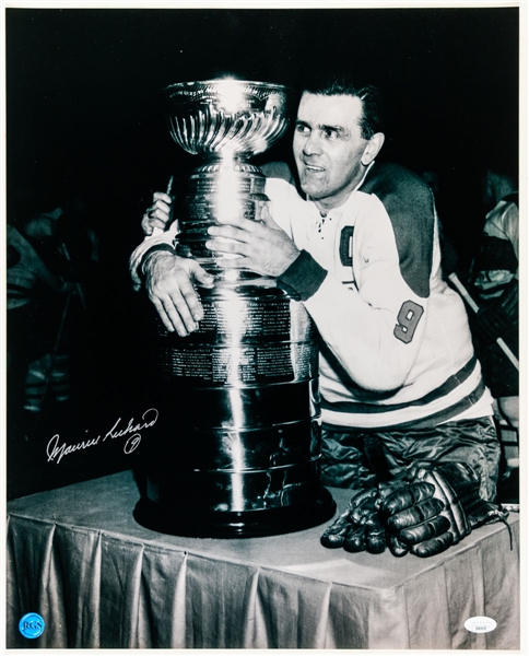 Deceased HOFer Maurice Richard Signed Montreal Canadiens Photo with Stanley Cup (16" x 20") and Signed 1942-43 Montreal Canadiens Replica Contract - JSA Authenticated
