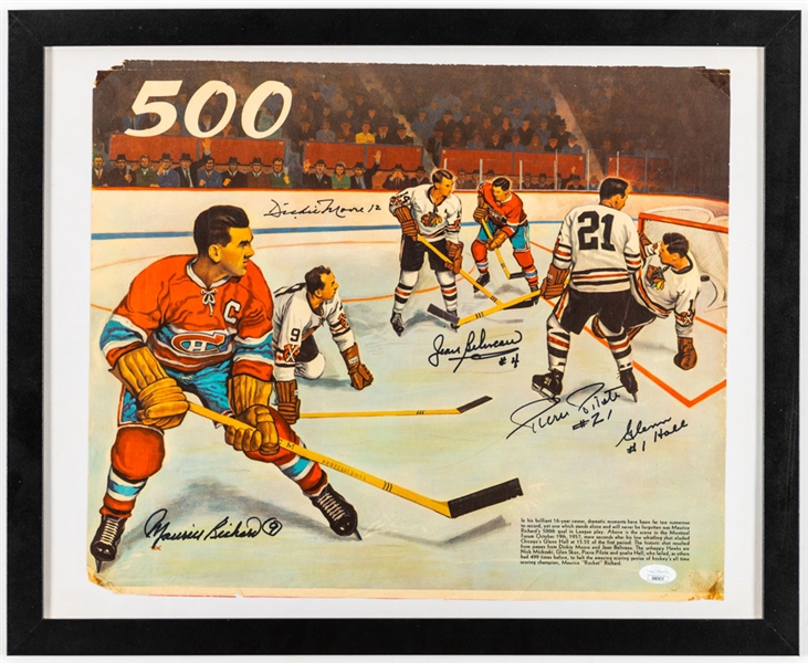 Maurice Richard, Dickie Moore, Jean Beliveau, Pierre Pilote and Glenn Hall Multi-Signed "Rocket" Richard 500th Goal Calendar Page - JSA Authenticated