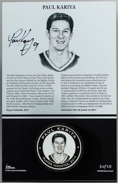 Paul Kariya Signed Limited-Edition Legends Line Honoured Member Plaque 3/10 and Signed Limited-Edition Legends Line Honoured Member Puck Stand 3/10 with Hockey Hall of Fame COAs