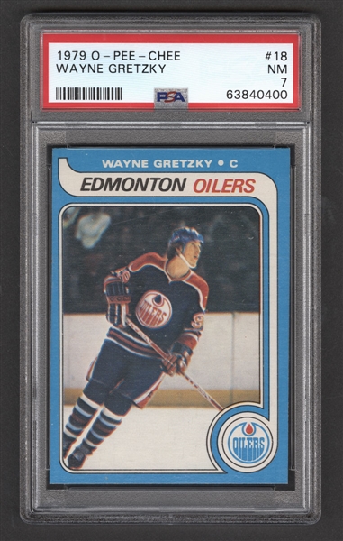 1979-80 O-Pee-Chee Hockey Card #18 HOFer Wayne Gretzky Rookie - Graded PSA 7