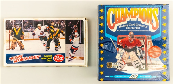 1982-83 Post NHL Playing Cards Salesmans Sample Box and 1991-92 Champions Hockey Card Collector Sealed Box (Possible Signed 1991-92 Patrick Roy Pro Set Card)