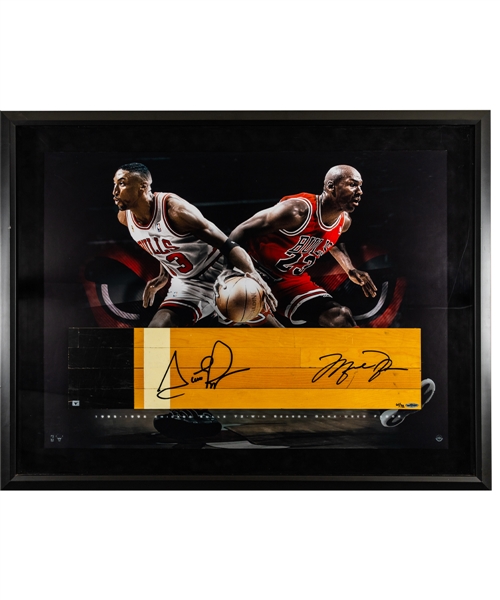 Michael Jordan and Scottie Pippen Chicago Bulls Signed 1995-96 “72 Win Season” United Center Game-Used Floor Section Framed Limited-Edition Display #61/72 with UDA COA (28” x 36”) 