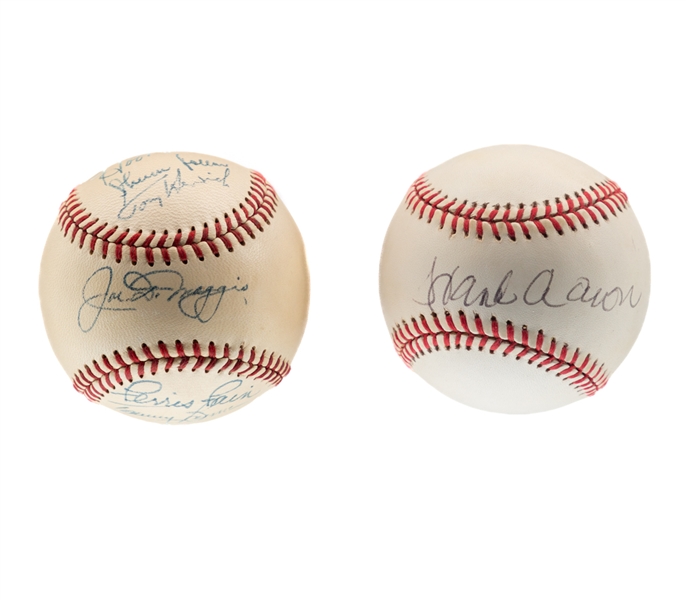 William Harridge Multi-Signed Official AL Baseball by 12 Inc. Joe DiMaggio, Kell, Rizzuto and Lemon with JSA LOA Plus Hank Aaron and Frank Thomas Single-Signed Baseballs (Both JSA Authenticated)