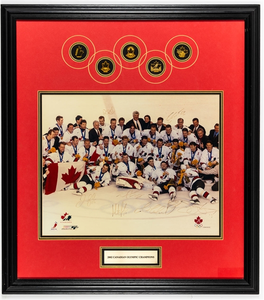 Team Canada 2002 Salt Lake City Olympics Multi-Signed Photo Framed Montage Including Lemieux, Brodeur and Yzerman with COA (32" x 28 1/2")