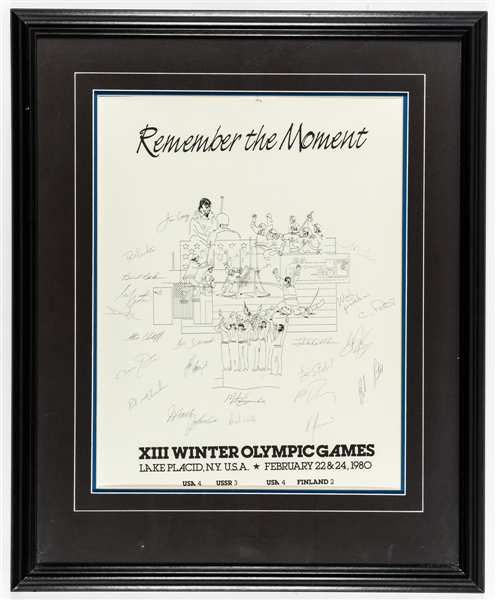 Team USA 1980 Olympic Team "Remember The Moment" Team-Signed Framed Poster Including Herb Brooks, Jim Craig and Mike Eruzione (32 1/2" x 26 1/2")