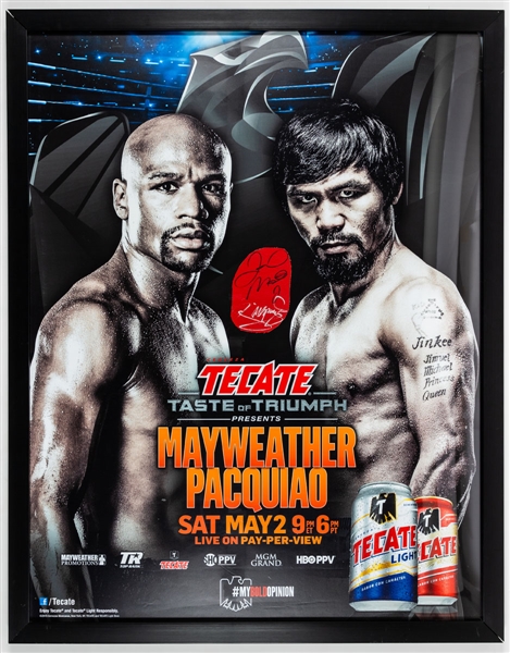 Floyd Mayweather Jr. vs. Manny Pacquiao May 2nd 2015 Framed Fight Poster with Dual-Signed Glove Fragment (39” x 50”) – JSA LOA 