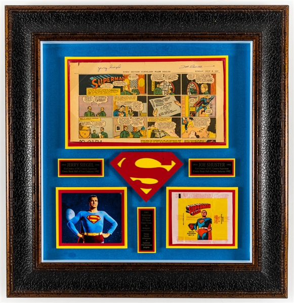 Jerry Siegel and Joe Shuster Dual-Signed 1945 Superman Comic Strip Framed Display with JSA LOA (27 1/2" x 28")