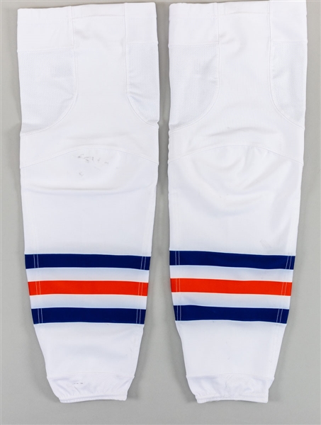 Connor McDavids 2016-17 Edmonton Oilers Game-Worn Away Socks with Team LOA - Art Ross and Hart Memorial Trophies Season! - Photo-Matched!