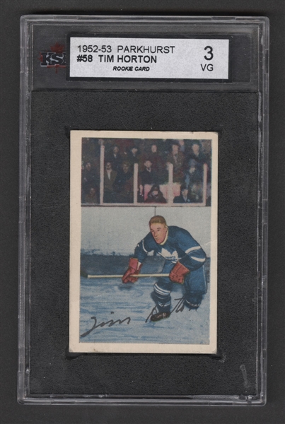1952-53 Parkhurst Hockey #58 - HOFer Tim Horton Rookie Card - Graded KSA 3