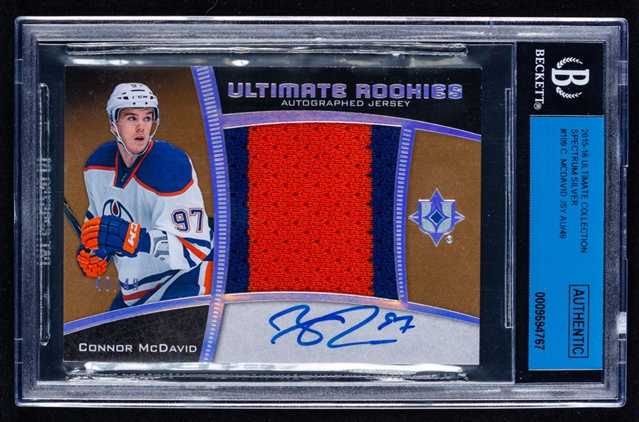 2015-16 Upper Deck Ultimate Collection Spectrum Silver Ultimate Rookies Autographed Jersey #109 Connor McDavid (40/49) - Graded Beckett Authentic