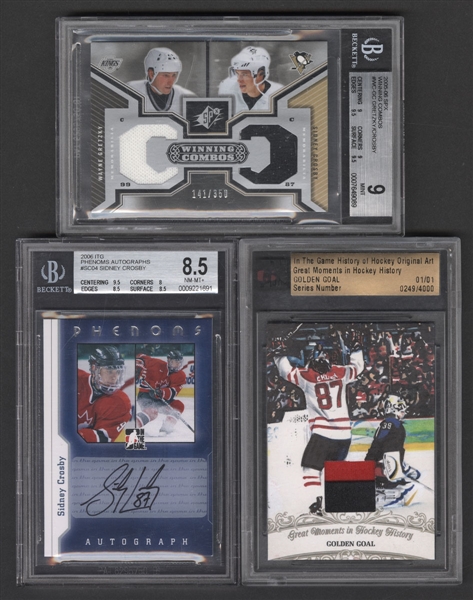 Sidney Crosby Card Collection (6) Including 2005-06 Upper Deck SPx Winning Combos #WC-GC Gretzky/Crosby (141/350)(Graded Beckett 9) and 2005-06 ITG Phenoms Autographs #SCA-4 (Graded Beckett 8.5)