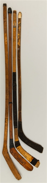 Vintage 1910s/30s One-Piece Hockey Stick Collection of 4 including EB Salyerds and Rowland Sons & Co Paper Label Models  