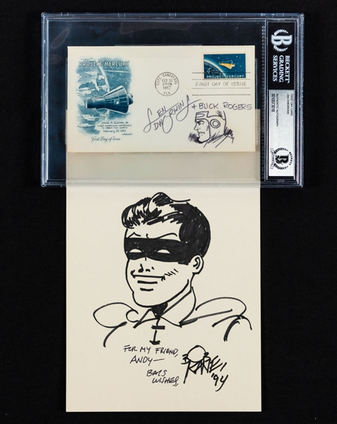 American Comic Book Artist Bob Kane Signed Robin Sketch (PSA/DNA LOA) and Len Dworkins Signed 1962 Project Mercury FDC with Buck Rogers Sketch (Beckett Authenticated)