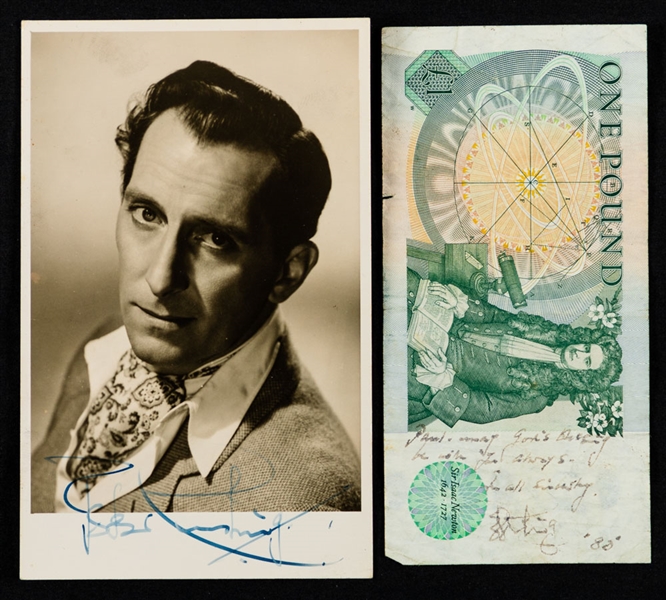 English Actor Peter Cushing (Star Wars / Frankenstein) Signed Photo and Signed Bank of England One Pound Bank Note with JSA LOAs