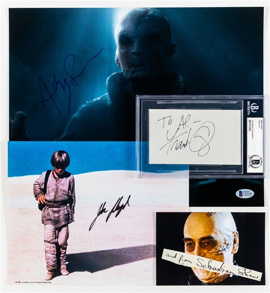 Star Wars Autograph Collection (4 Pieces) Including Sebastian Shaw Signed Cut (Anakin Skywalker), Frank Oz Signed Cut (Yoda), Jake Lloyd (Young Anakin) & Andy Serkis (Snoke) - All Authenticated