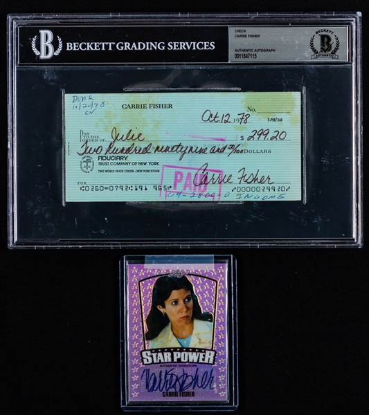 American Actress/Writer Carrie Fisher (Princess Leia Star Wars) Signed 1978 Personal Check (Beckett Authenticated) and Signed 2015 Leaf Star Power Authentic Signature Trading Card #SP-CFI