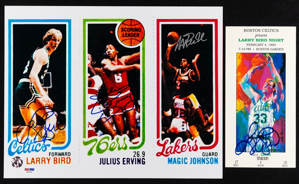 Larry Bird, Julius Erving and Magic Johnson Triple-Signed 1981 Topps Card Photo (PSA/DNA LOA) and Larry Bird Signed 1993 Boston Celtics "Larry Bird Night" Ticket Stub (JSA Authenticated)