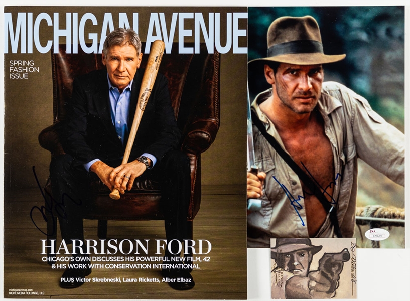 American Actor Harrison Ford Signed Indiana Jones Photo (JSA LOA), Signed 2013 Michigan Avenue Magazine (PSA/DNA LOA) and 1982 Kenner Indiana Jones Figurine (Desert Disguise - ACA 80.4)