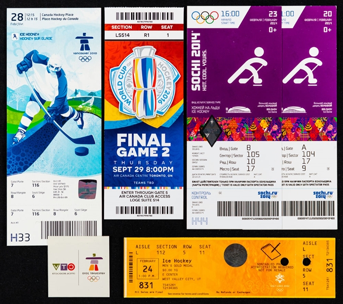 Team Canada 2002, 2010 and 2014 Winter Olympics Gold Medal Game Tickets (3) Plus 2016 World Cup of Hockey Final Ticket