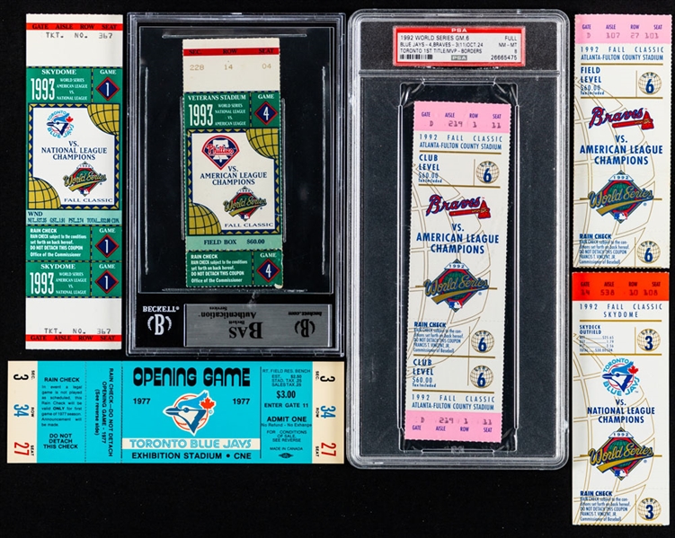 Toronto Blue Jays 1977 Inaugural Game Ticket Plus 1992 and 1993 World Series Tickets (5) Including 1992 World Series Game 6 Full ticket (Graded PSA 8)