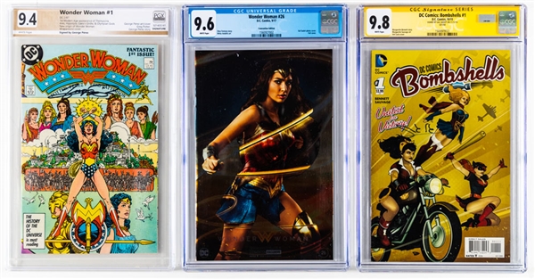 D.C. Comics 1987 Wonder Woman #1 Signed by George Perez (PGX 9.4), 2015 Bombshells #1 Signed by Gal Gadot (CGC 9.8) and 2017 Wonder Woman #26 Foil Convention Edition (CGC 9.6)