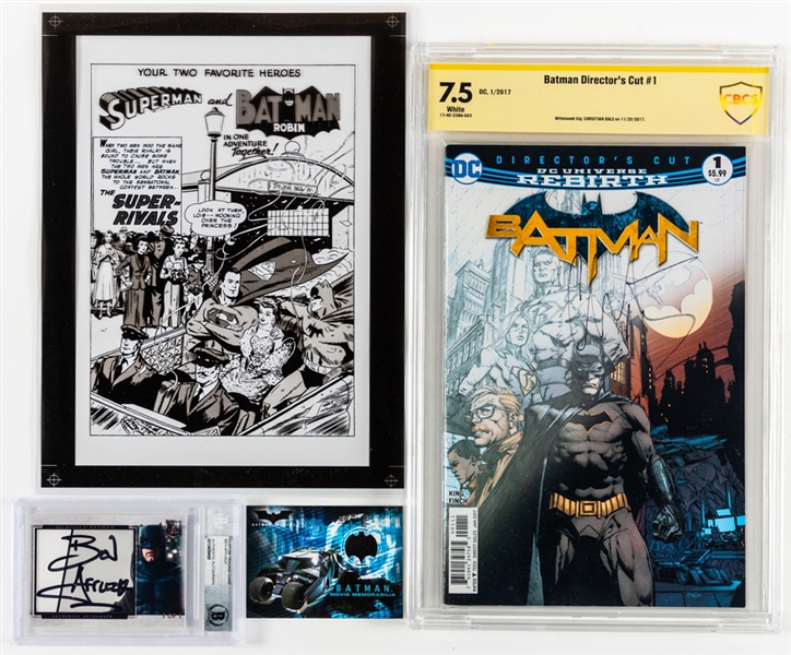 DC Comics 2017 Batman Directors Cut #1 (CBCS 7.5) Signed by Christian Bale, Ben Affleck Signed Custom Card (Beckett), 2005 Topps Batman Begins Movie Memorabilia Card and Superman/Batman Acetate Art