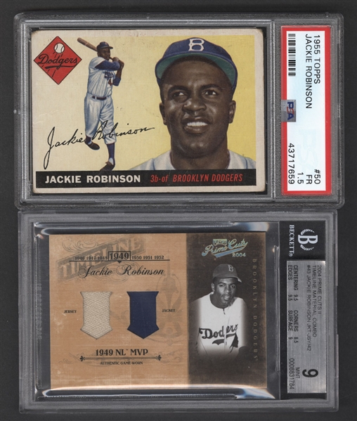 1955 Topps Baseball Card #50 Jackie Robinson (Graded PSA 1.5) and 2004 Donruss Playoff Prime Cuts Jersey/Jacket Jackie Robinson (23/42) (Graded Beckett 9)