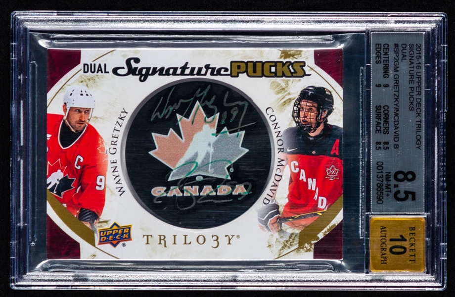 2015-16 Upper Deck Trilogy Dual Signature Pucks Hockey Card #SP2-GM Wayne Gretzky / Connor McDavid Rookie - Graded Beckett 8.5