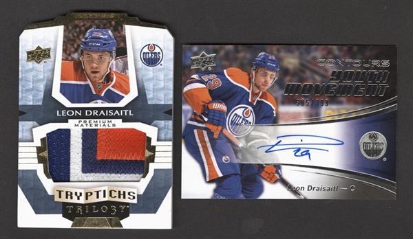 2016-17 Upper Deck Trilogy Tryptichs Hockey Card #T-OIL3 Leon Draisaitl Patch (32/49) and 2015-16 Upper Deck Contours Youth Movement Hockey Card #YM-1 Leon Draisaitl Autograph (305/399)