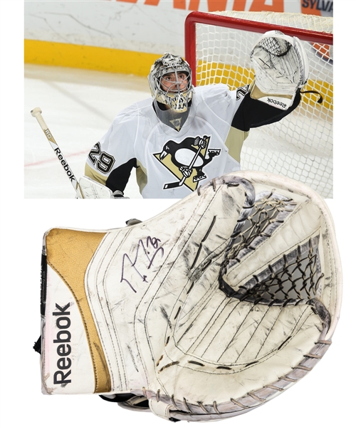 Marc-Andre Fleury’s 2014-15 Pittsburgh Penguins Signed Reebok Premier 300th Career Win Game-Used Glove with Family LOA – Photo-Matched! 