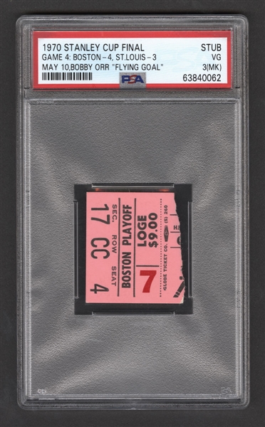 May 10th 1970 Stanley Cup Finals Cup-Clinching Game #4 Ticket Stub (Boston Bruins vs St. Louis Blues) - Bobby Orr "Flying Goal" - Graded PSA 3 (MK) - Highest Graded!