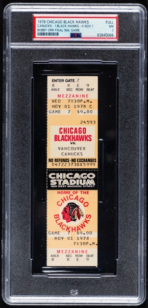 November 1st 1978 Chicago Black Hawks vs Vancouver Canucks Full Ticket - Bobby Orr Final NHL Game - Graded PSA 7 - The Only One Graded at PSA!
