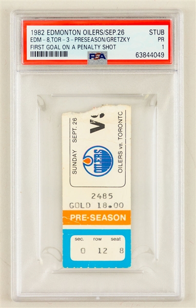 September 26th 1982 Pre-Season Game Ticket Stub - Edmonton Oilers 8 Toronto Maple Leafs 3 - Gretzky First Goal on a Penalty Shot - The Only One from That Game Graded at PSA