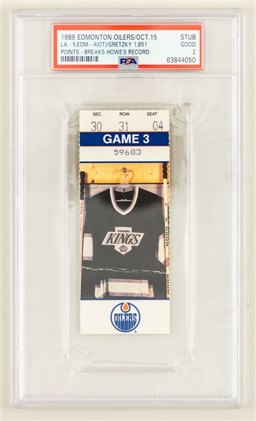 October 15th 1989 Wayne Gretzky "1851 Points" Ticket Stub - Los Angeles Kings 5 Edmonton Oilers 4 – Gretzky Surpasses Howe! - One of Only Five Ticket Stubs Graded at PSA 