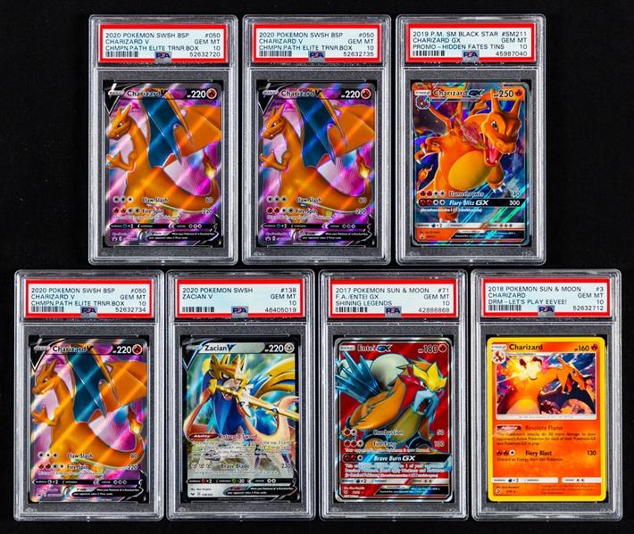 2017 to 2020 Pokemon PSA 10 Graded Cards (7) Including 2017 Sun & Moon Shining Legends Full Art/Entei GX #71 and 2018 Sun & Moon Dragon Majesty Charizard #3 Lets Play Eevee!