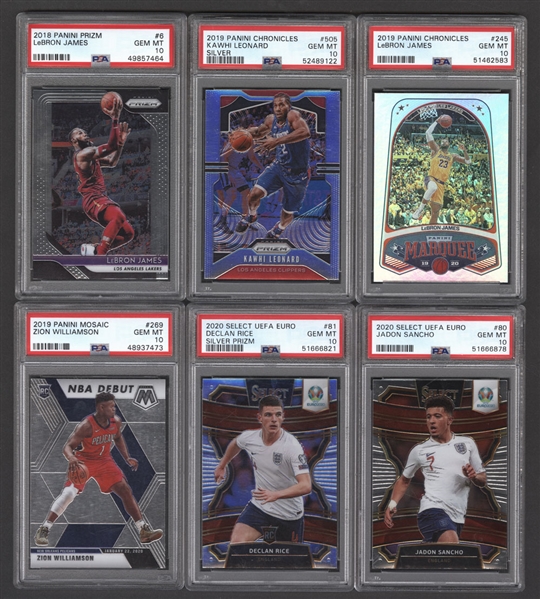 NBA and Soccer Sports Card Collection (15) Inc. LeBron James, Kawhi Leonard, Bol Bol, Zion Williamson, Declan Rice, Jadon Sancho - 12 Cards are Graded PSA 10