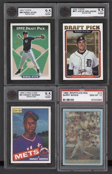 1985 to 2017 Graded Baseball Card Collection (8) Including 1993 Topps #98 Derek Jeter Rookie (KSA 9.5), 2005 Topps #677 J. Verlander RC (KSA 9.5) and 1986 Sportflics Rookies #13 Barry Bonds (PSA 10)f