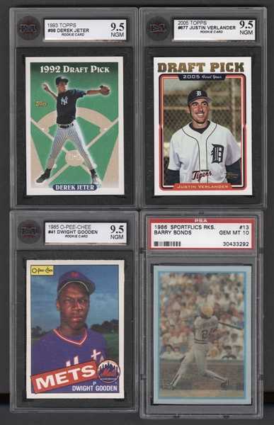 1985 to 2017 Graded Baseball Card Collection (8) Including 1993 Topps #98 Derek Jeter Rookie (KSA 9.5), 2005 Topps #677 J. Verlander RC (KSA 9.5) and 1986 Sportflics Rookies #13 Barry Bonds (PSA 10)f